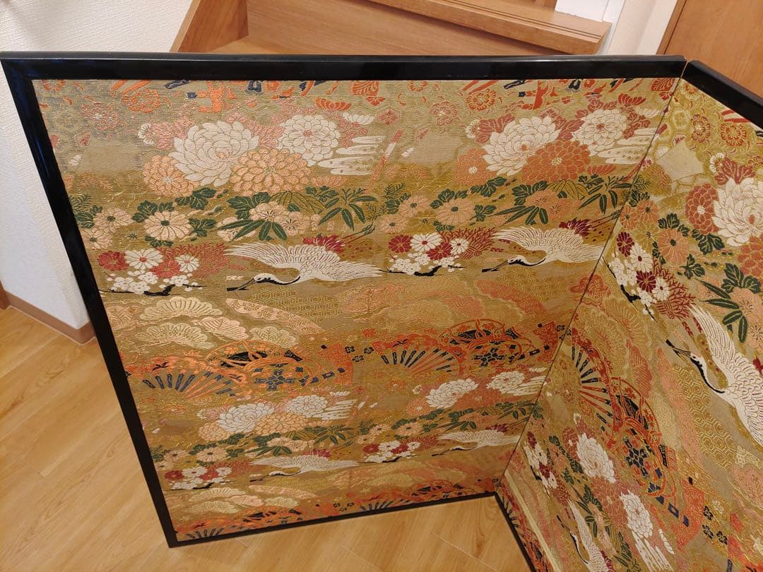 屏風　仕切り　二枚折　 パーテーション　 衝立　鶴図　金糸　西陣織　風炉先屏風