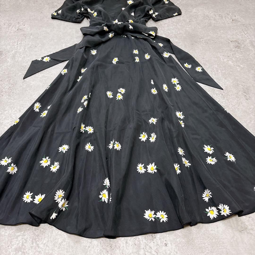 美品✨シルク100 マークジェイコブス　花柄ロングワンピース　ウエストリボン　黒