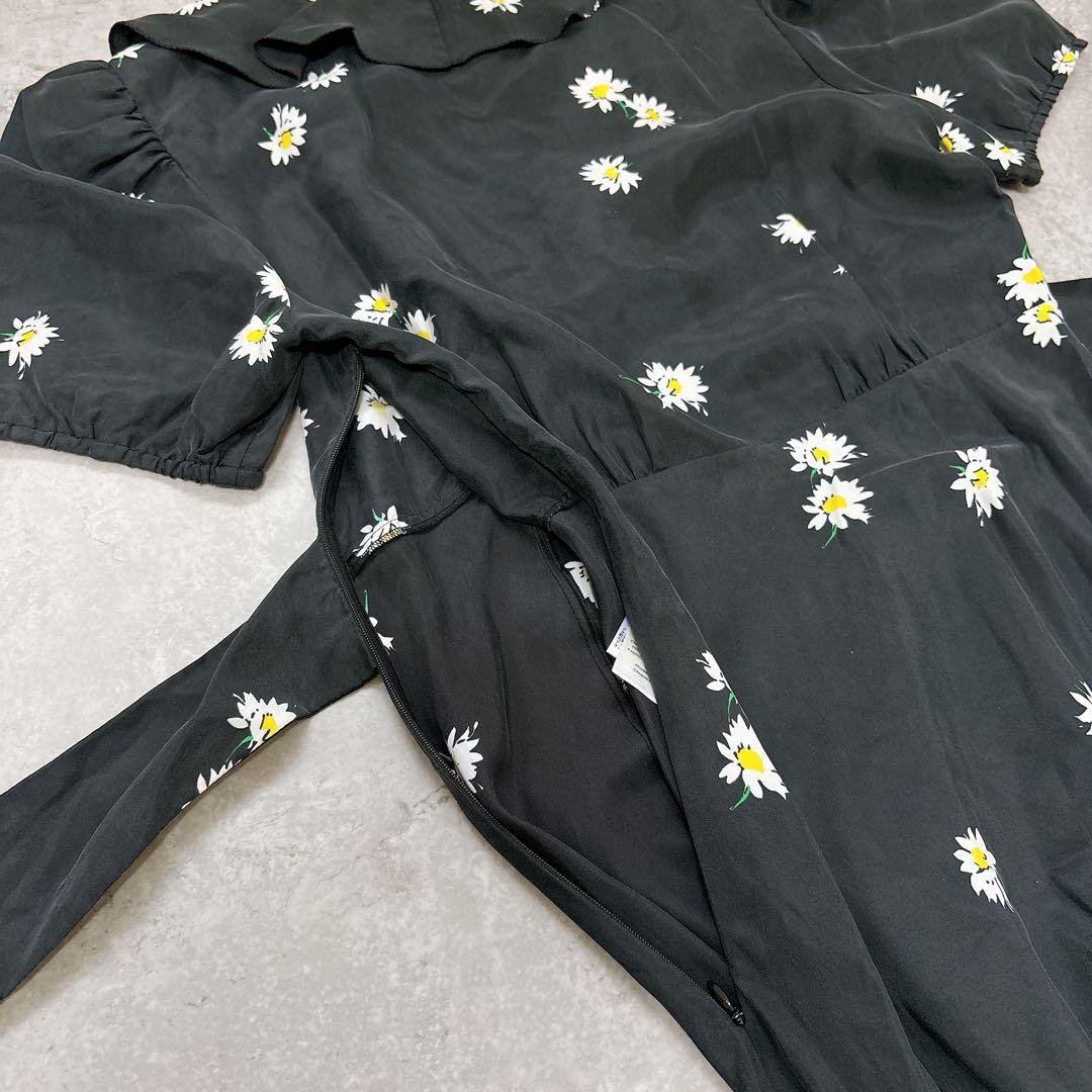 美品✨シルク100 マークジェイコブス　花柄ロングワンピース　ウエストリボン　黒