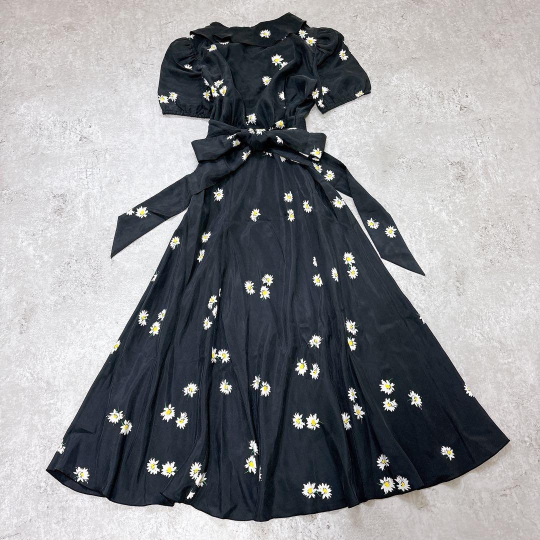 美品✨シルク100 マークジェイコブス　花柄ロングワンピース　ウエストリボン　黒