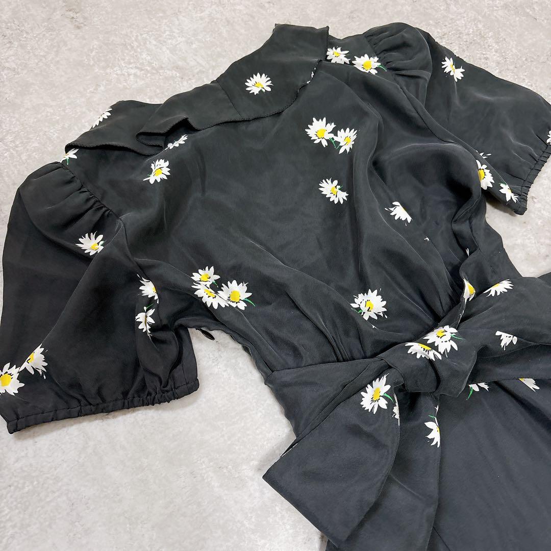 美品✨シルク100 マークジェイコブス　花柄ロングワンピース　ウエストリボン　黒