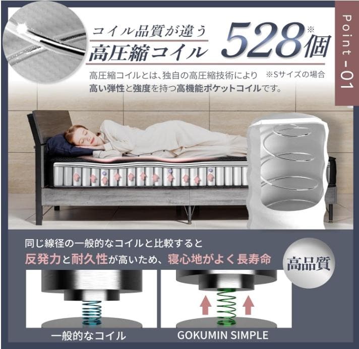 購入21000円　GOKUMIN ポケットコイル 厚さ20cm 高耐久 体圧分散