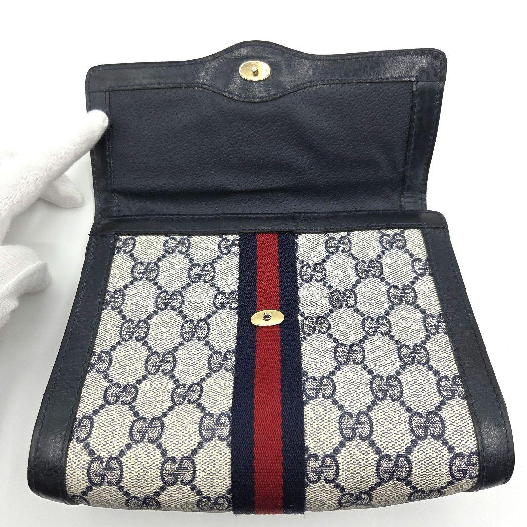 GUCCI クラッチバッグ シェリーライン GG レザー PVC ネイビー 紺
