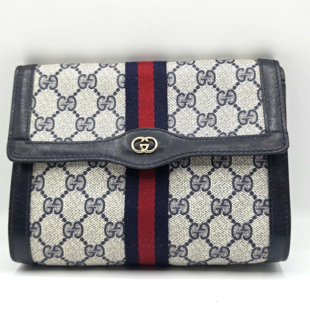 GUCCI クラッチバッグ シェリーライン GG レザー PVC ネイビー 紺