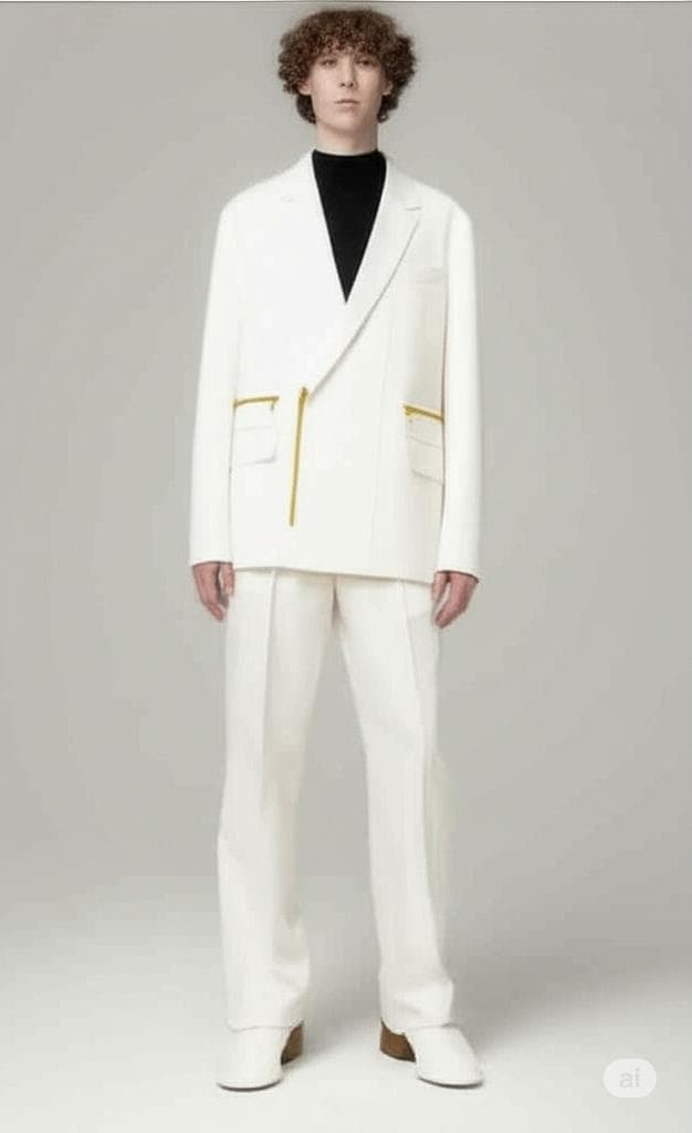 【美品】CULLNIトレンドデザイン　前ファスナー メンズ スーツ　オフホワイト