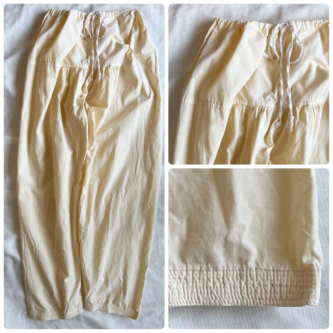 フランスヴィンテージ バターイエローのタックギャザーデザインパンツ