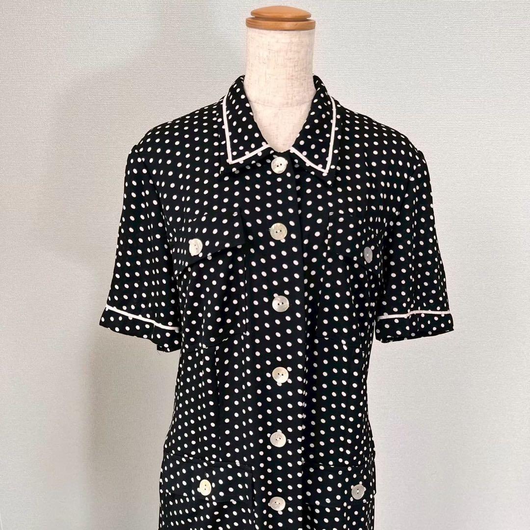 総柄 ドット柄 シェルボタン 前ボタン ロングワンピース ブラックY909
