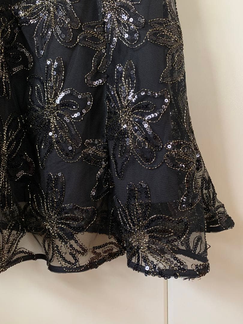 【LEJA】スパンコールフラワーリボンチュールワンピースドレス