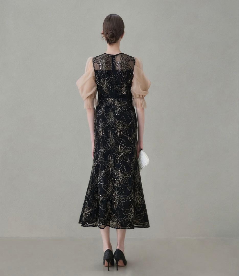 【LEJA】スパンコールフラワーリボンチュールワンピースドレス