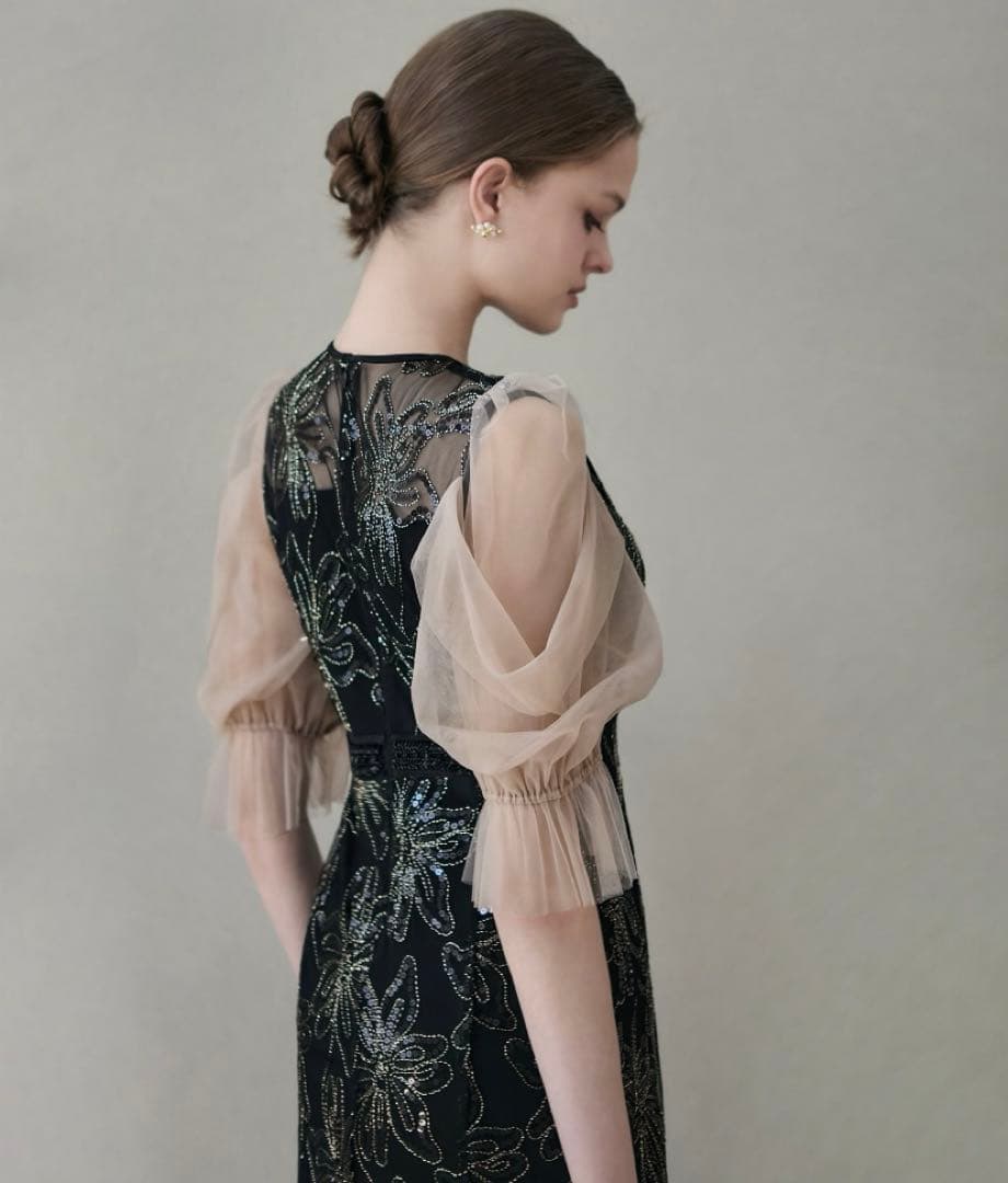 【LEJA】スパンコールフラワーリボンチュールワンピースドレス