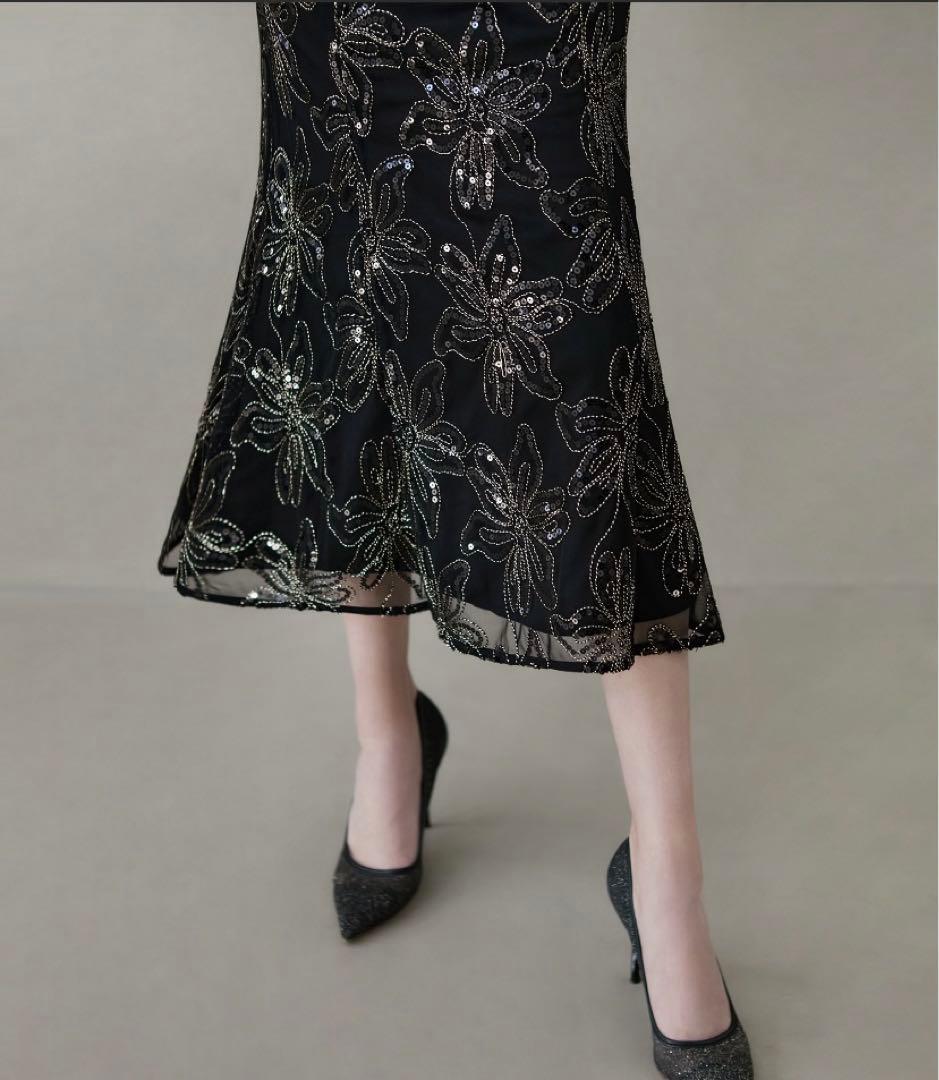 【LEJA】スパンコールフラワーリボンチュールワンピースドレス