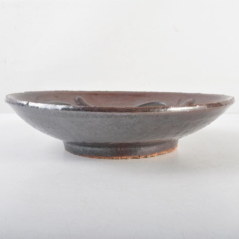 l-wap　河井博次作　鐵飴緑釉筒描皿　飾皿　河井紅苑識箱　V　R6070