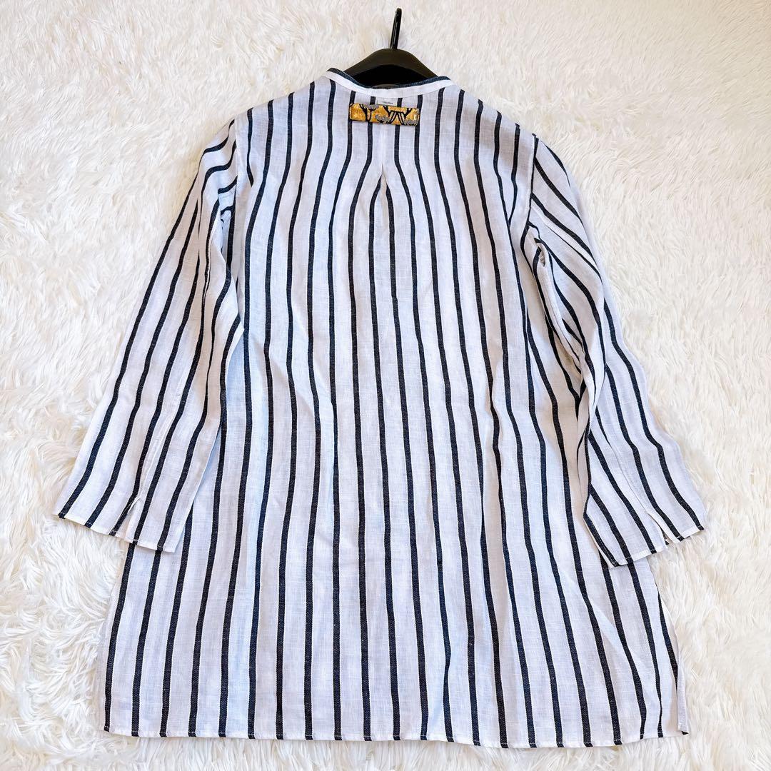 エスマックスマーラ ロングシャツ リネン100% ストライプ ハンガーループ　L