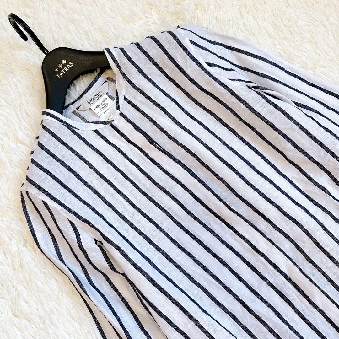 エスマックスマーラ ロングシャツ リネン100% ストライプ ハンガーループ　L