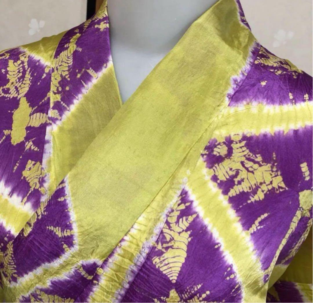 アンティークしぼり長襦袢　黄緑×紫　インパクトあり！