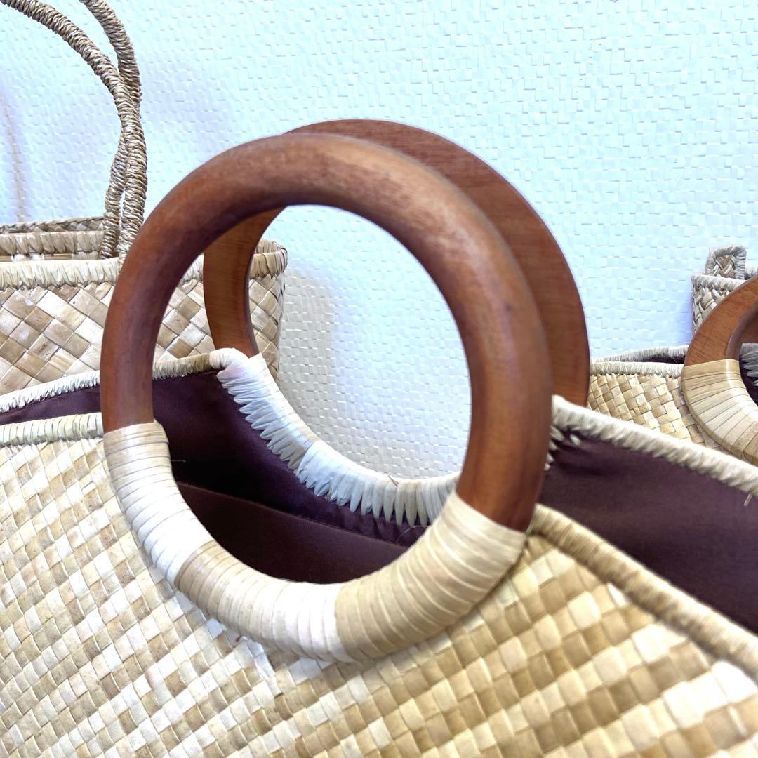 新品ハワイから到着したて　ラウハラバッグ　人気ウッドサークル持ち手ラウハラトート