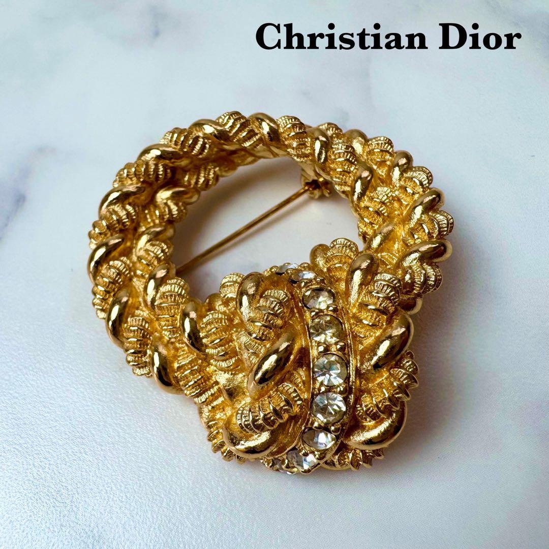 美品　クリスチャンディオール　ツイストブローチ　ラインストーン　ゴールド　ドイツ