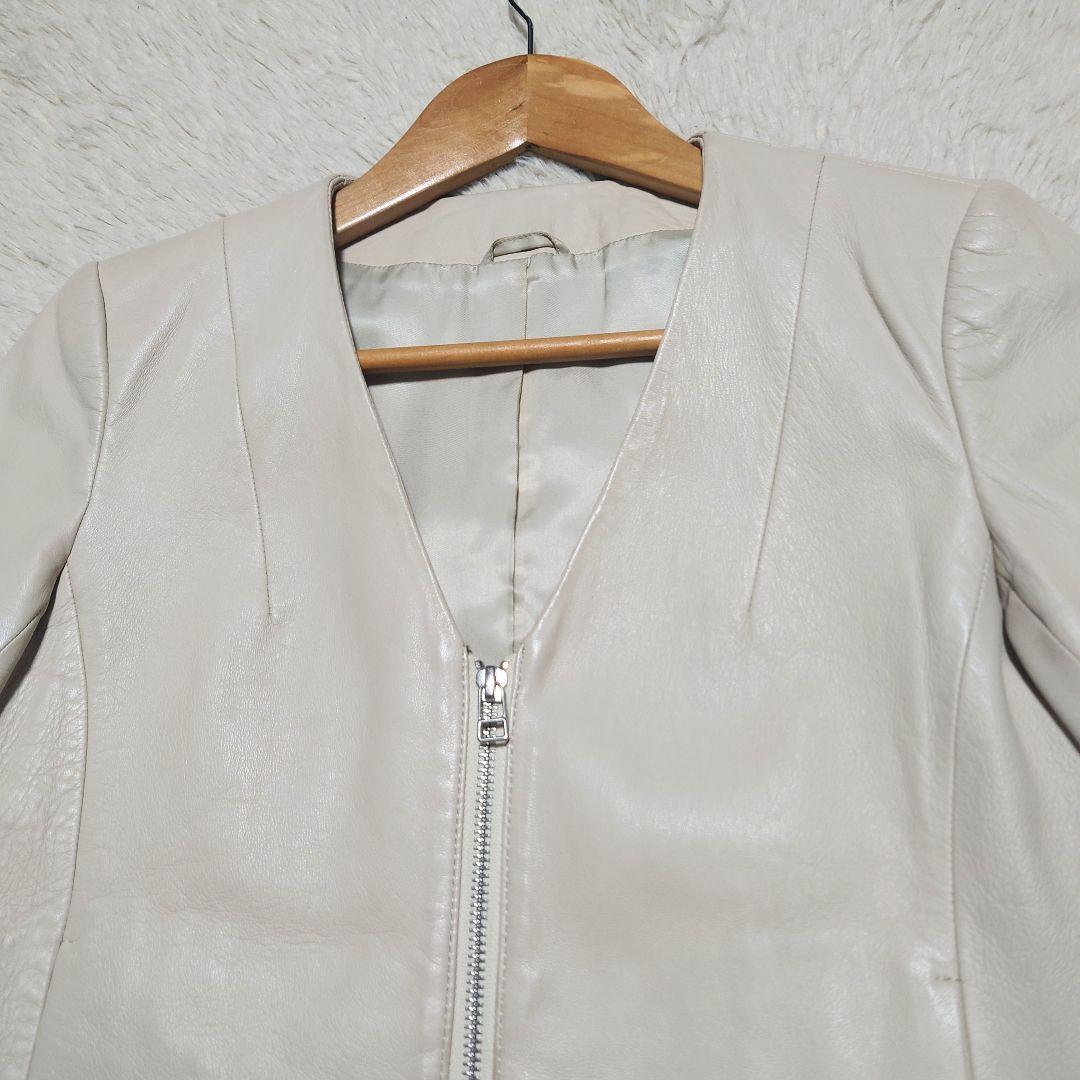 【希少】アナイ ノーカラーレザージャケット 羊革 ダブルジップ グレージュ