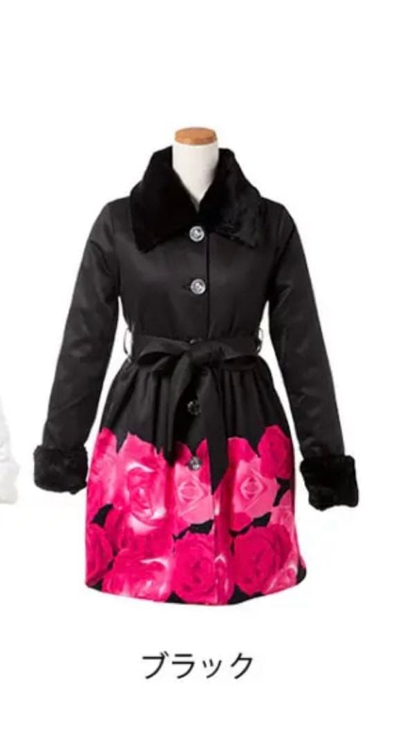 夢展望 ファー付き ローズパネル柄 コート ブラック 姫系