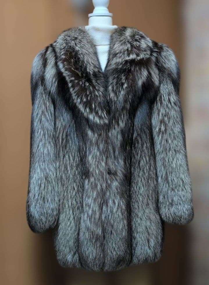 サマンサ品【銀サガ】シルバーFOX毛皮コート着丈80cmサイズ(L)