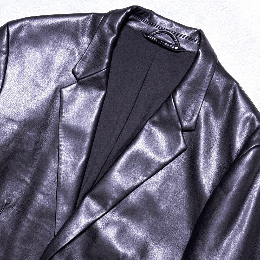 L【未使用】ZARA テーラードジャケット フェイクレザー ブラック メンズ