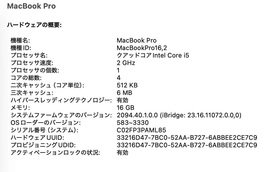 MacBook本体 Apple MacBook Pro 2020 i5 16GB 512GB