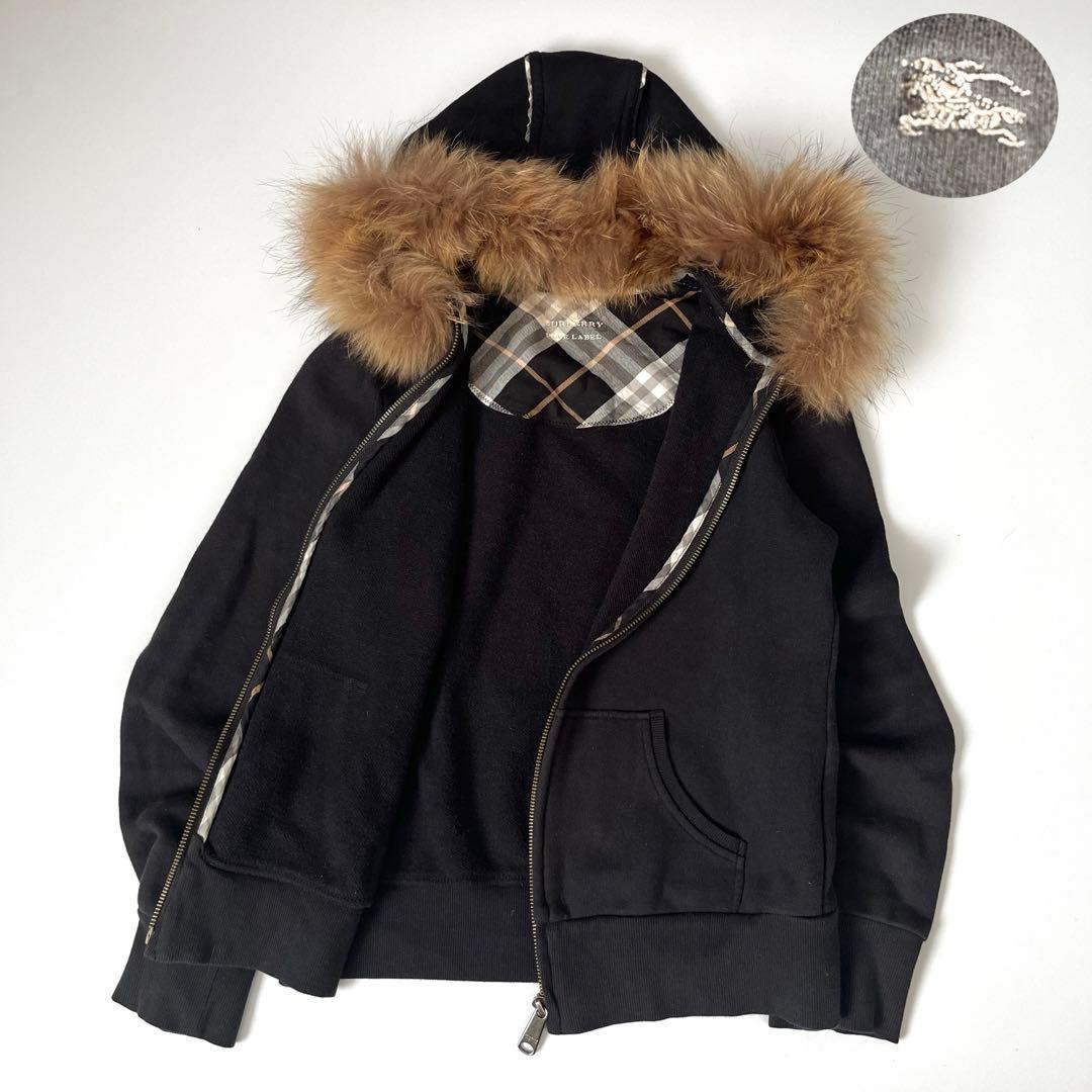 バーバリーブルーレーベル フードファー付 パーカー ノバチェック 2WAY黒