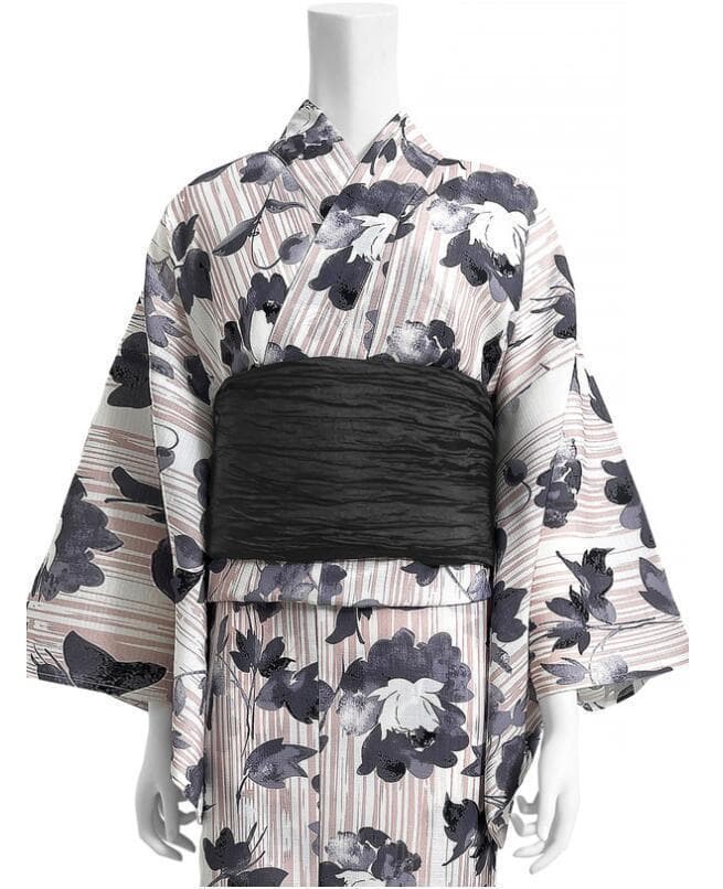 画像の黒つくり帯+お任せ白兵児帯つき◆ポリエステル浴衣◆上質黒紺花の大人浴衣◆