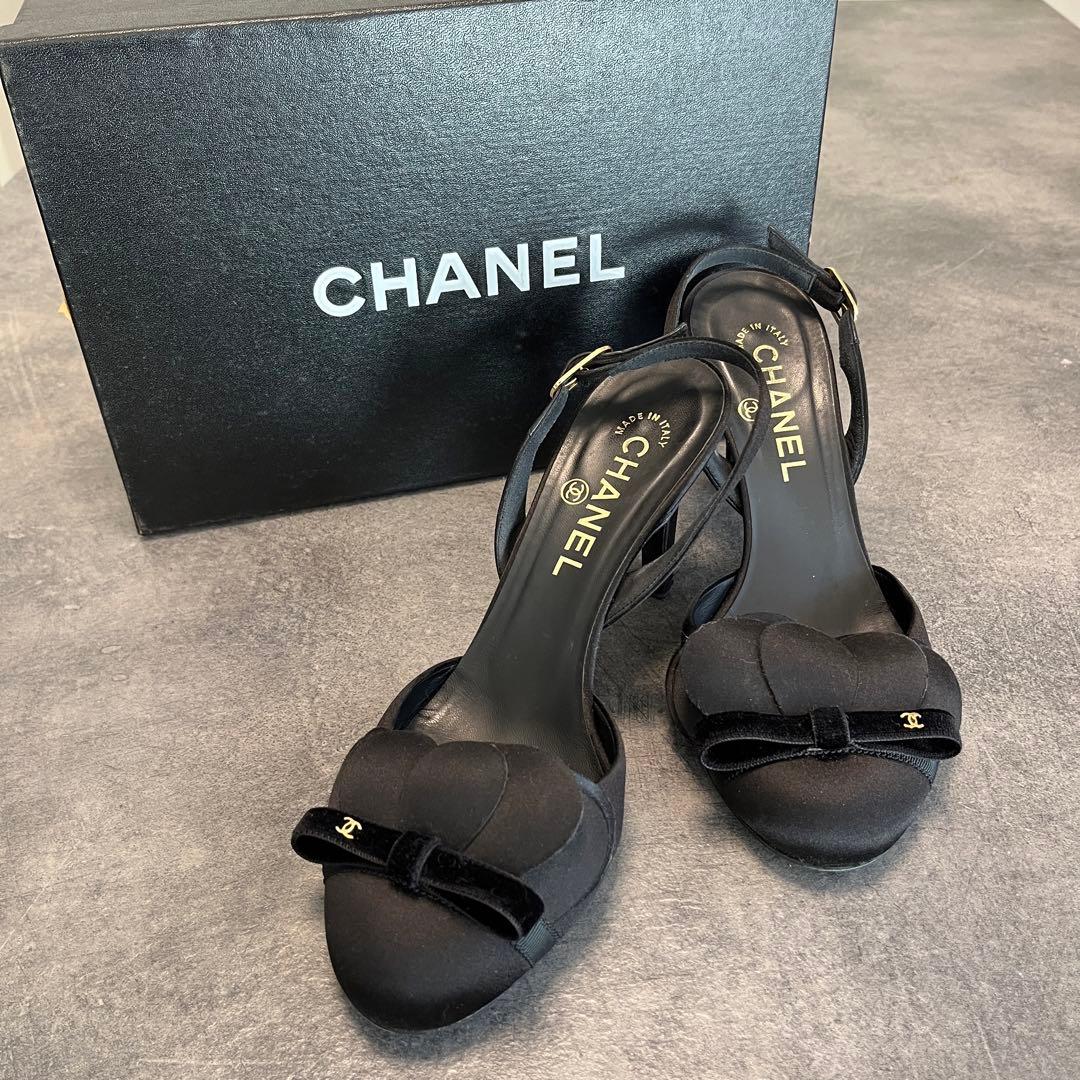 CHANEL シャネル　ブラック サテン サンダル　パンプス　37