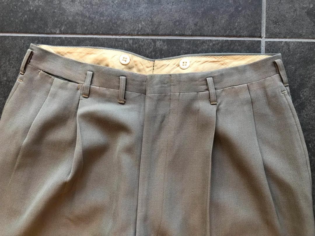 40s 50s ベージュ×カーキ×グレー ウールレーヨン混紡 ギャバスラックス