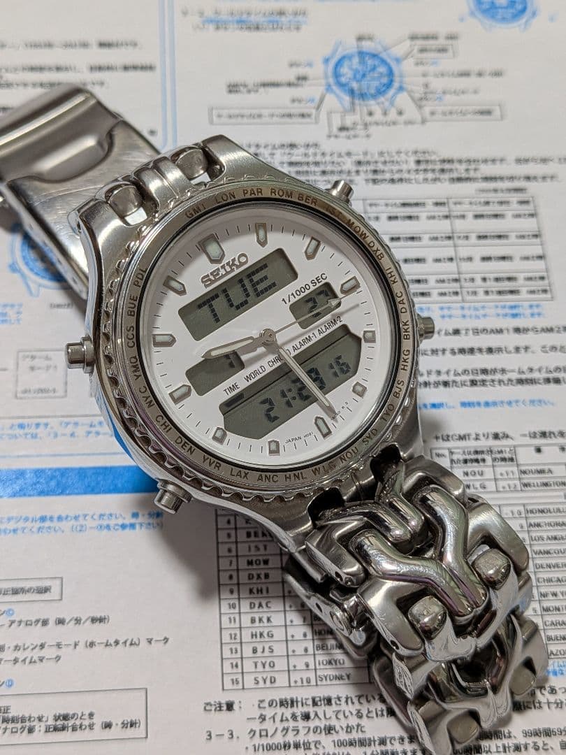 ケース付　SEIKO デジアナGMTワールドタイム H021-8050 クォーツ