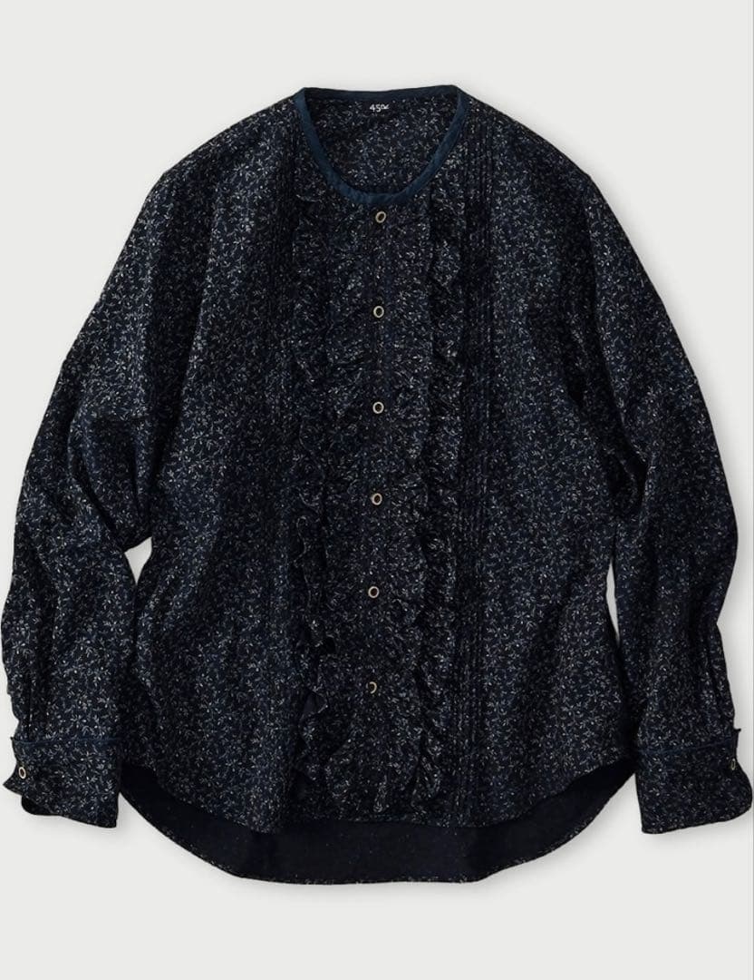 45R45rpm ツタフラワープリントのフリルブラウス(インディゴ)