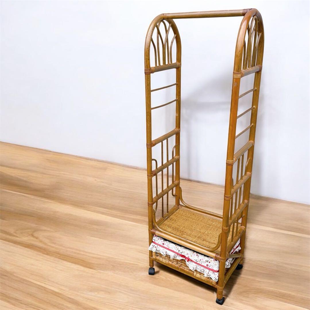 昭和レトロ アーチ型 ラタンハンガーラック 籐家具 古道具 古家具 キャスター付