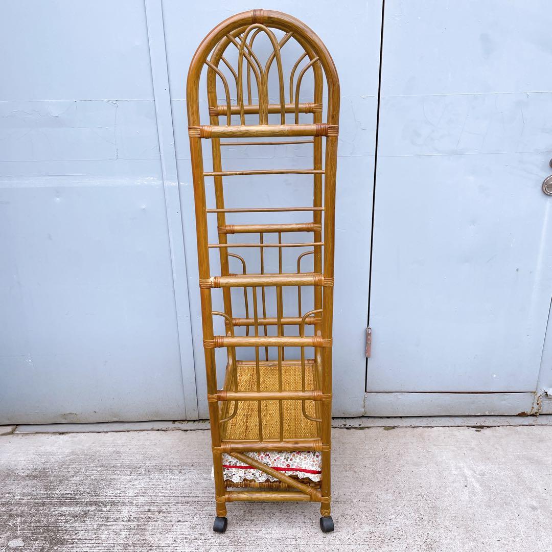 昭和レトロ アーチ型 ラタンハンガーラック 籐家具 古道具 古家具 キャスター付