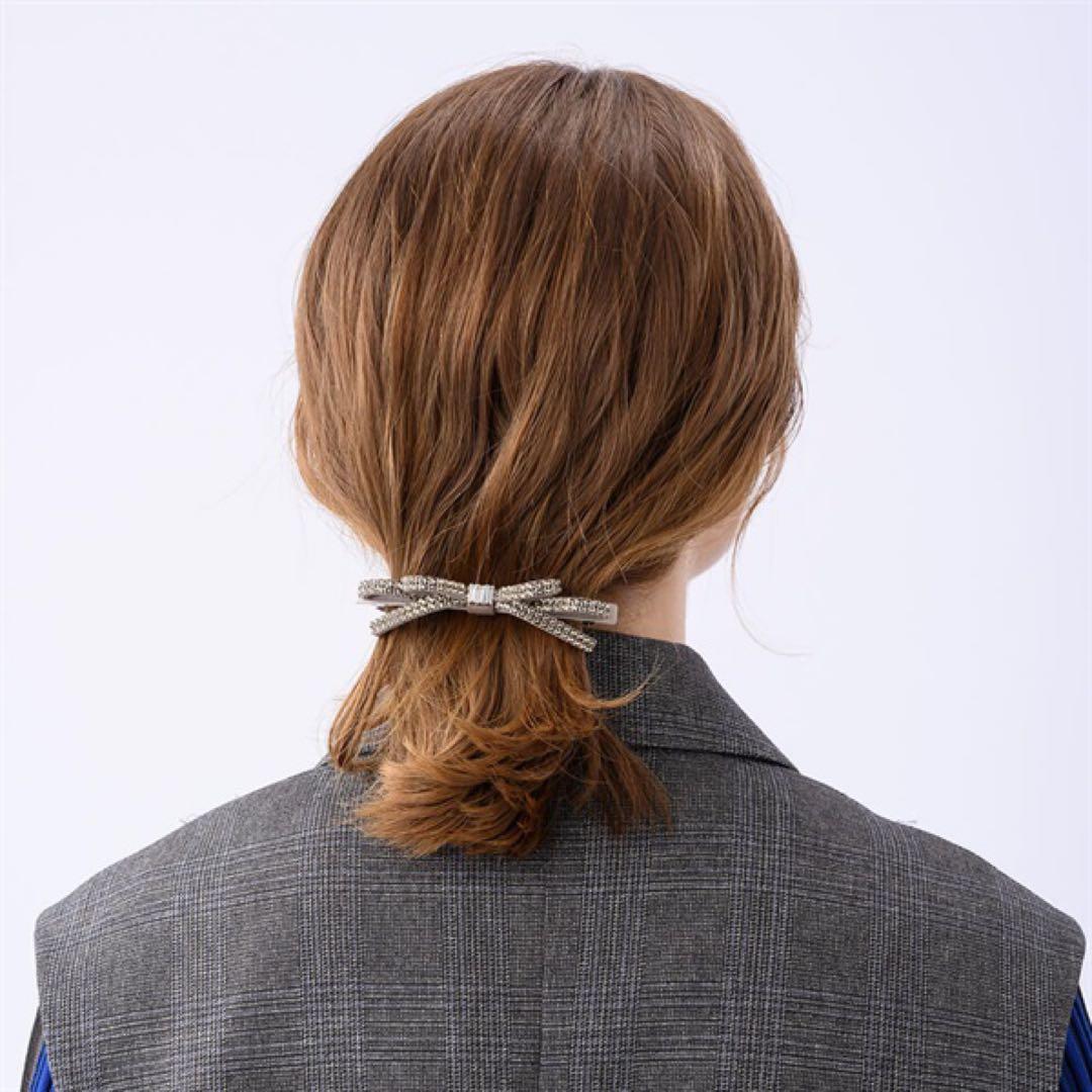 コンプレックスビズ　クリスタルメッシュパヴェ スリムバレッタ　グレージュ　リボン