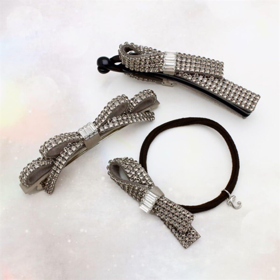 コンプレックスビズ　クリスタルメッシュパヴェ スリムバレッタ　グレージュ　リボン