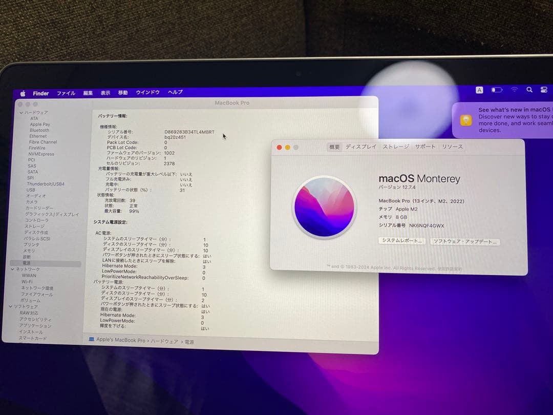 MacBook Pro M2 2022 8GB 256 バッテリー　99％