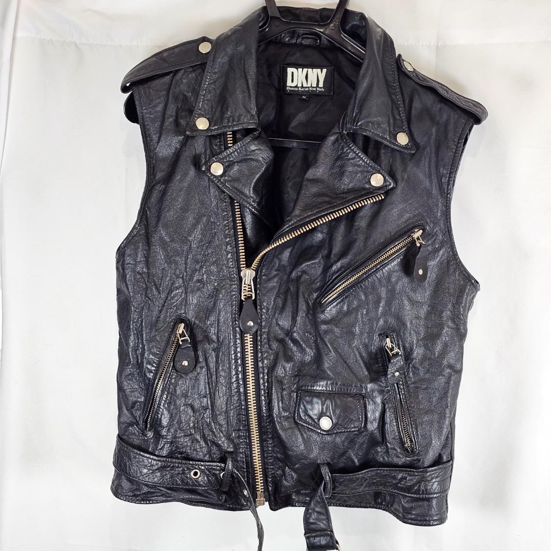DKNY ライダース レザーベスト 黒 M ドナキャラン ニューヨーク