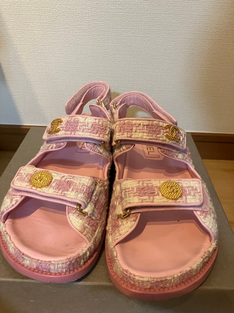 CHANEL ピンク ツイード サンダル 38C