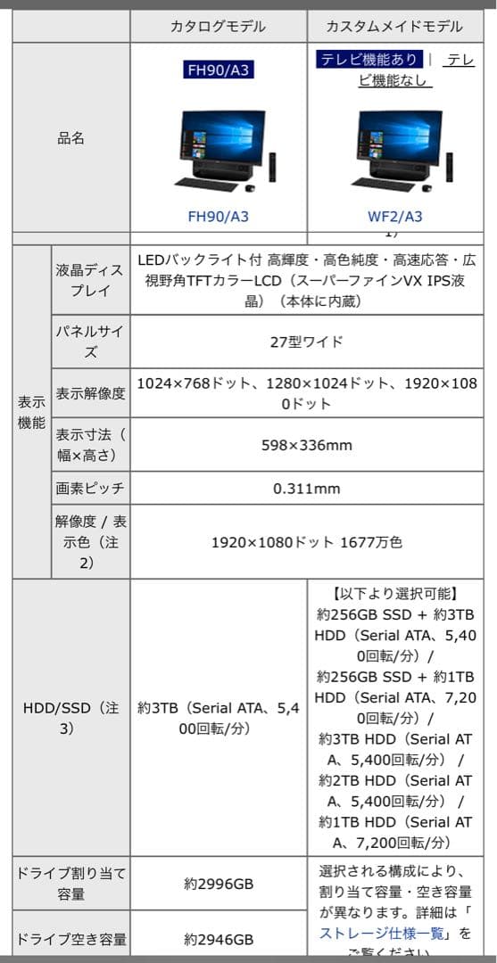 富士通 FMVF90A3B 27インチ一体型 デスクトップPC