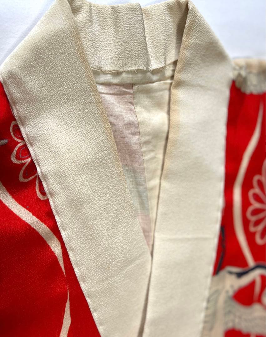 3907◆アンティーク長襦袢時代物縮緬朱赤に鶴艶やか品格のある逸品