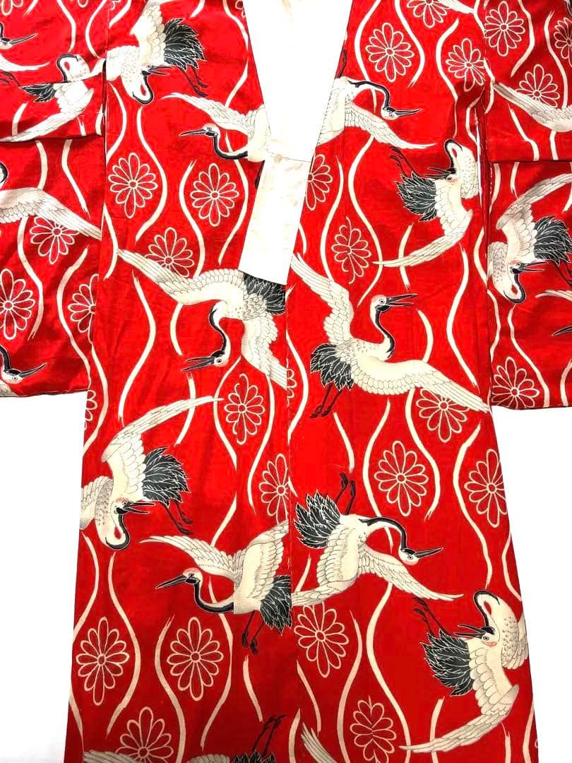 3907◆アンティーク長襦袢時代物縮緬朱赤に鶴艶やか品格のある逸品
