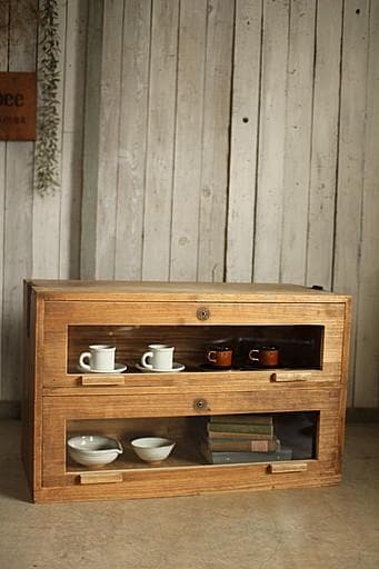 味のある前面ガラスの木製引き出し2段　食器棚　シャツケース　収納棚　古家具