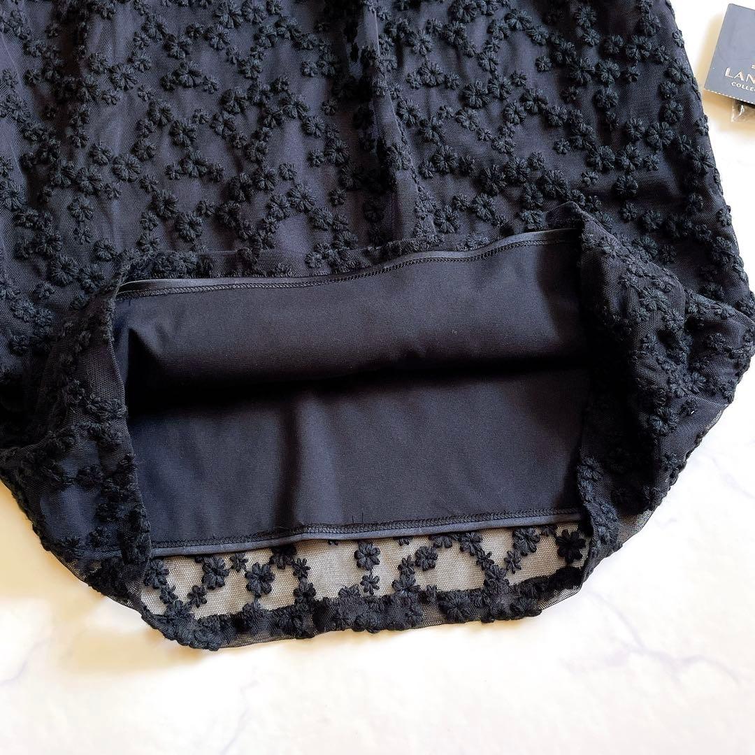 新品 ランバン ワンピース ひざ丈 刺しゅう シフォン フリル ブラック 36