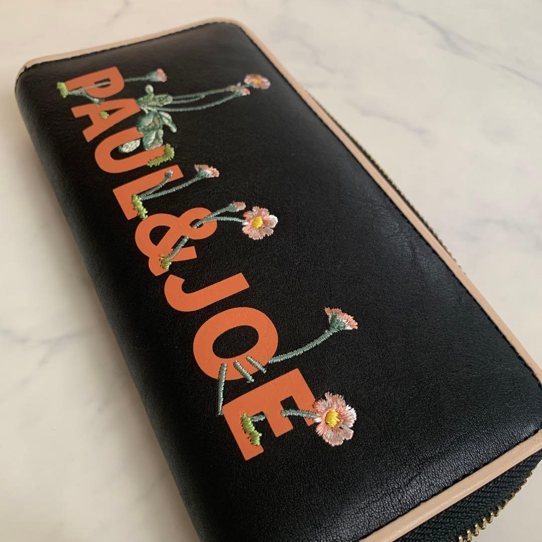 【新品未使用】PAUL & JOE 本革　黒長財布　花柄刺しゅう入り
