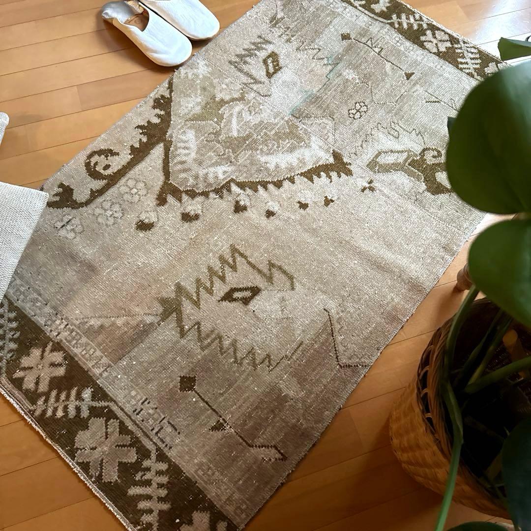 71×124ウール　ベージュ×ブラウン　パッチワーク　トルコヴィンテージラグ