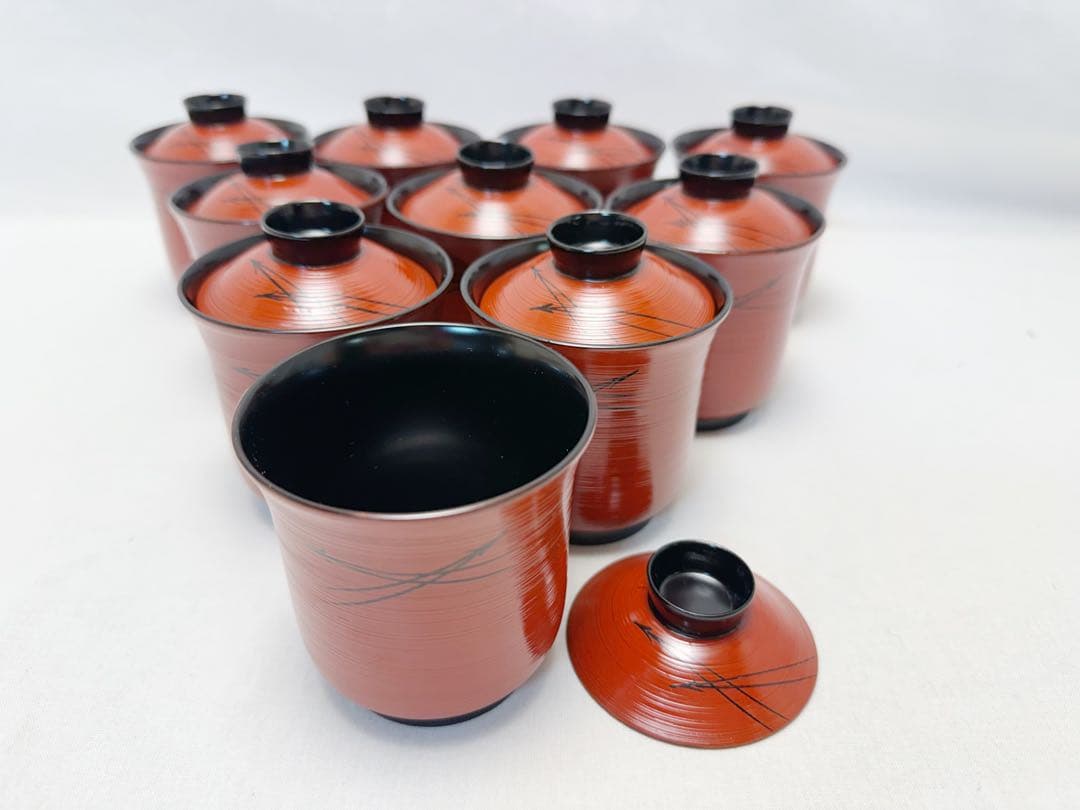 未使用 懐石道具 朱塗 刷毛目 松葉蒔絵 箸洗い 十客組 内黒