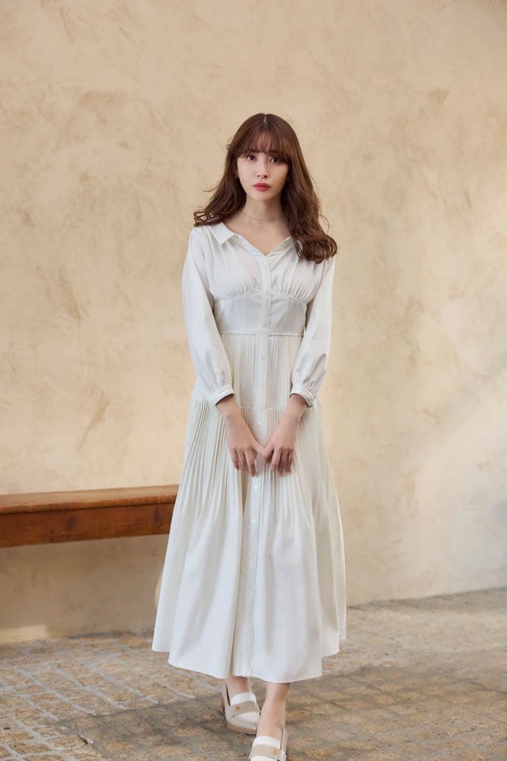 ワンピース herlipto Pleated Open Shirt Dress white