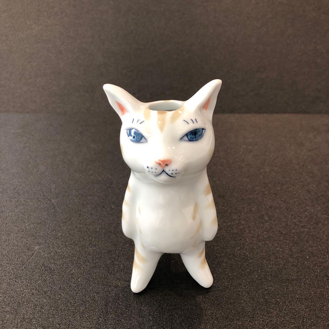 新品・人気作家FLOWERS 有田焼 猫 花器 仁王立ち 染付シリーズ 箱付き