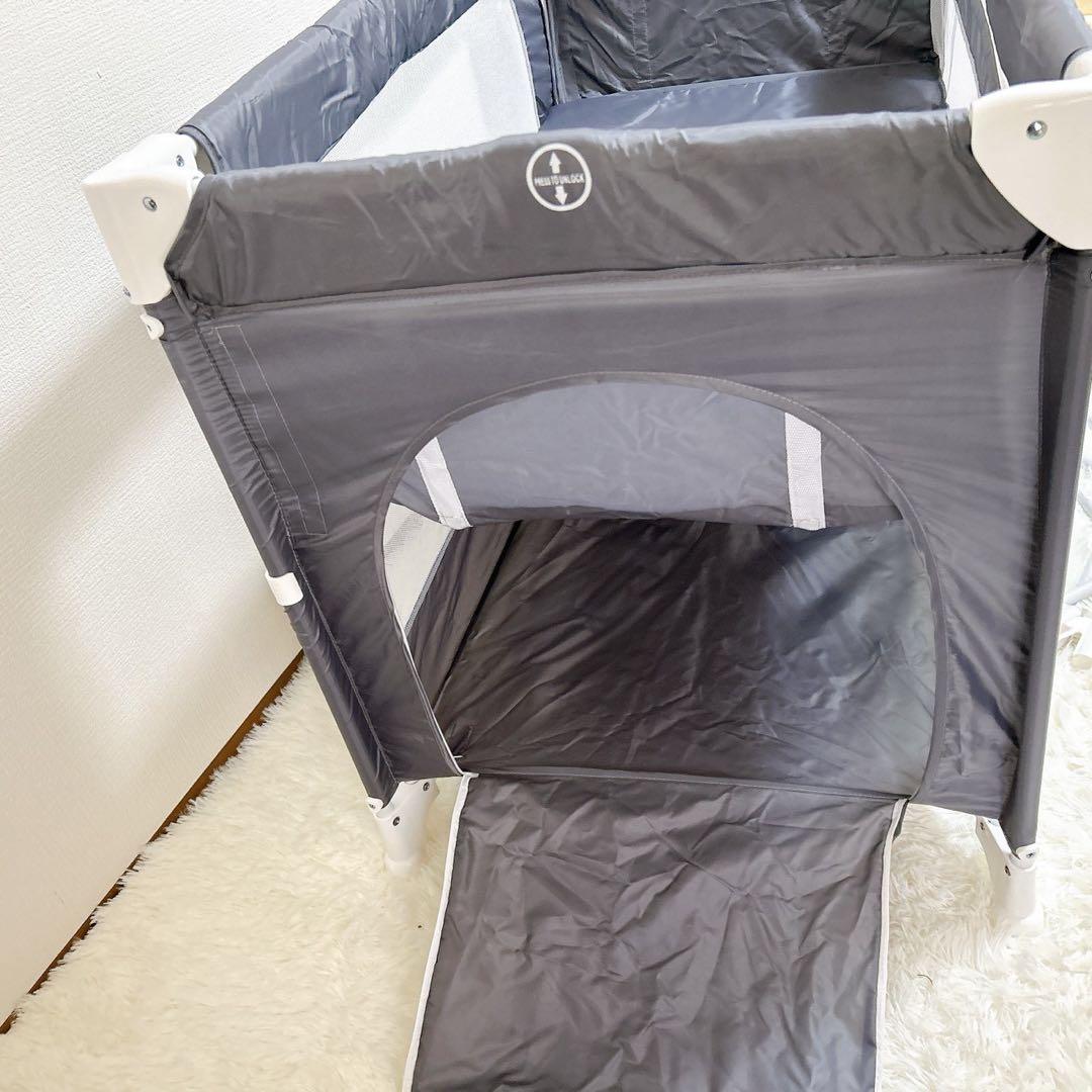 ベビーベッド 添い寝 おむつ台　折りたたみ キャスタ付き 蚊帳　ダーググレー